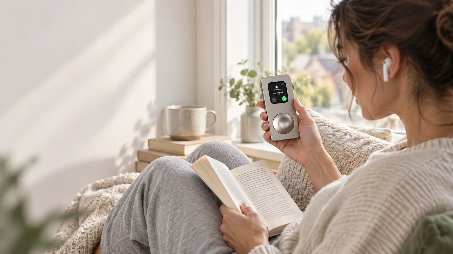 Titanium-tone RePod Precision Apple Watch handheld case used with earphones while its owner reads by a window. Apple Watch not included.