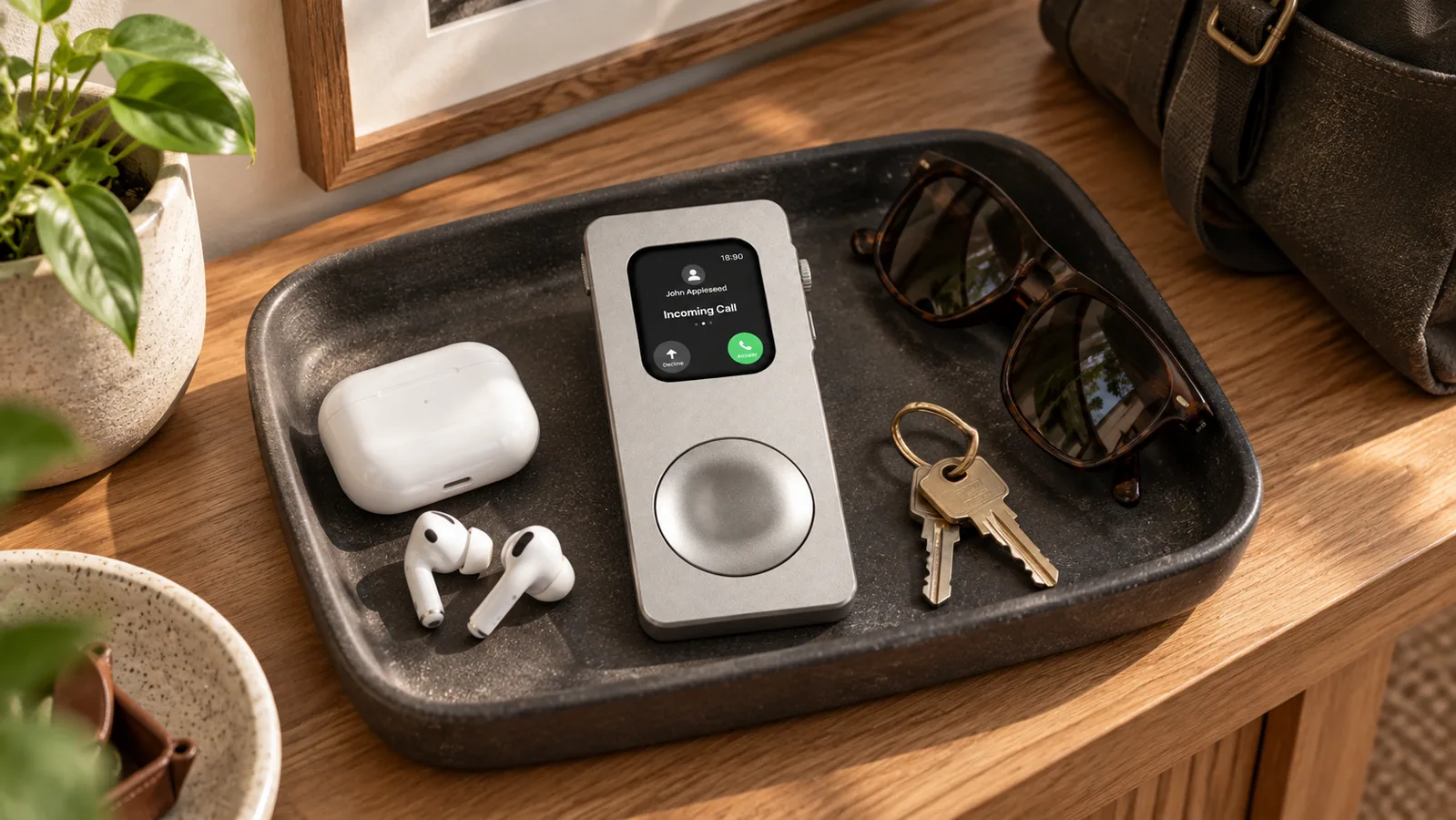 Titanium-tone RePod Precision Apple Watch case beside earbuds, keys and sunglasses on an entryway table. Apple Watch sold separately.