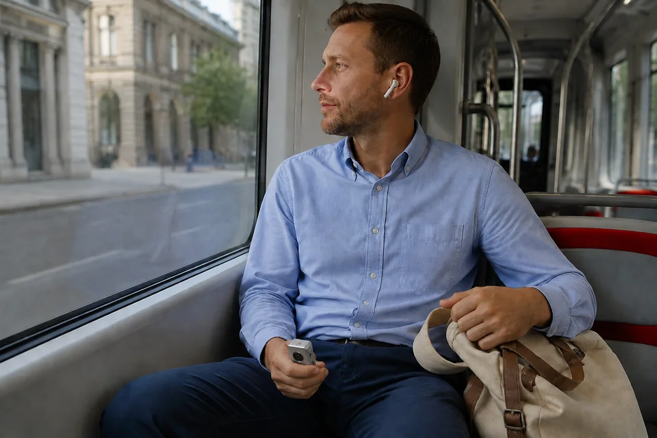 A commuter looks out of a tram window, holding a small silver Precision case with the screen facing toward him and the rear visible to the camera. AI-generated lifestyle illustration.