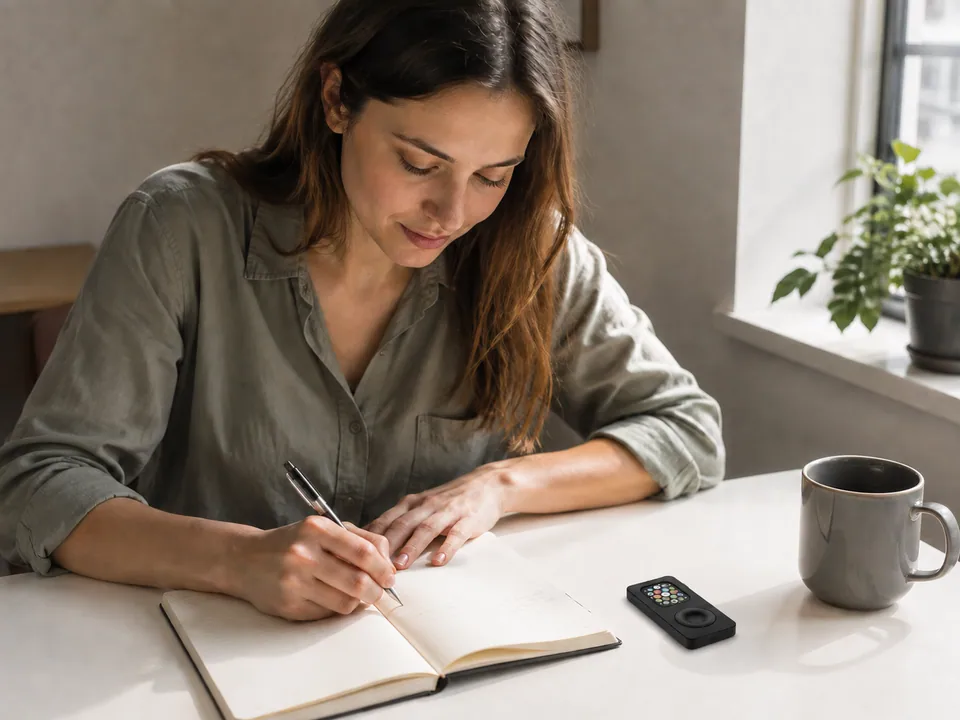 A small black Precision case rests beside a notebook while its owner writes. AI-generated lifestyle illustration.