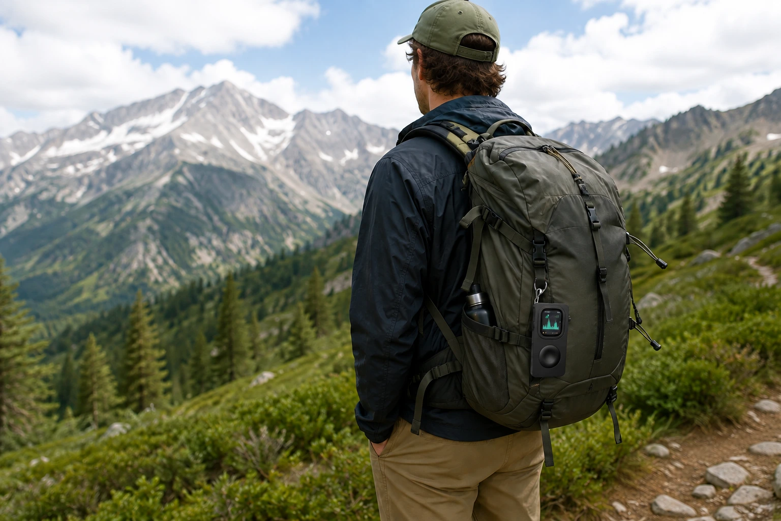 Black Precision case hanging from a short cord on a hiker's backpack. AI-generated lifestyle illustration.