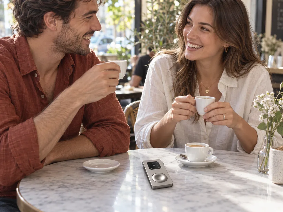 Titanium-tone RePod Precision set aside on a cafe table during a conversation. AI-generated lifestyle illustration.