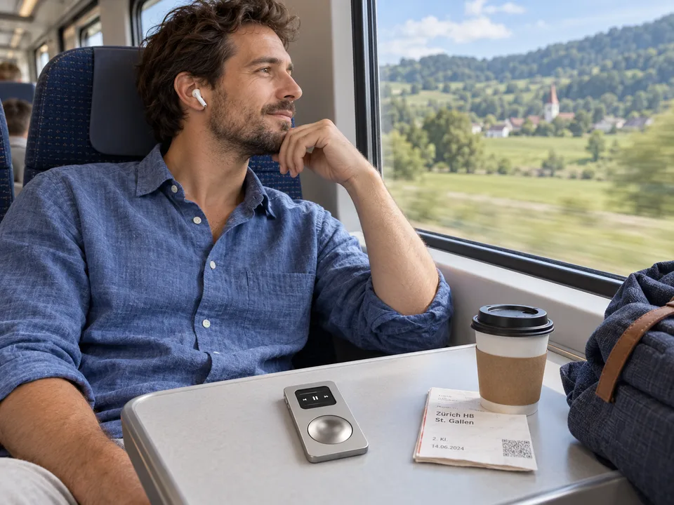 Titanium-tone RePod Precision on a train table as its owner listens with earbuds. AI-generated lifestyle illustration.