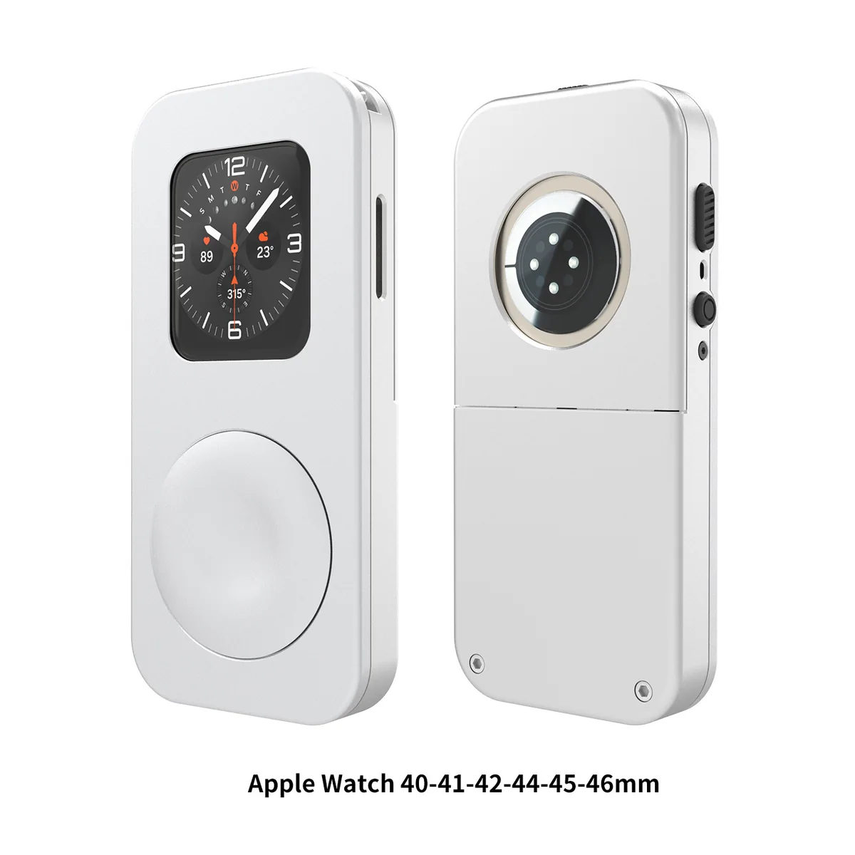 Front and rear views of a silver RePod Classic zinc-alloy case with an Apple Watch fitted. Apple Watch not included.